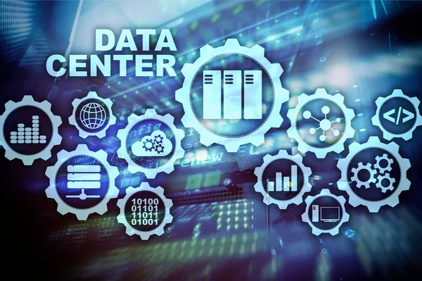 Data Center of the Future on a virtual screen. Business information technology concept. Storing data and securing business continuity.