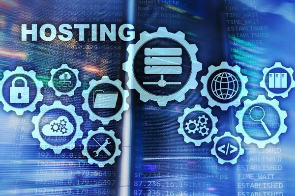 Web Hosting Technology Internet a Networking Concept. Na pozadí serverové místnosti. Virová obrazovka — Stock fotografie