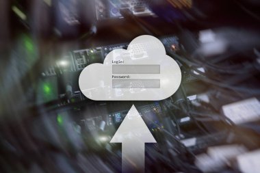 Bulut depolama, veri erişimi, Kullanıcı adı ve şifre talebi penceresini sunucu Oda arka plan üzerinde. Internet ve teknoloji kavramı