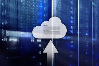 Bulut depolama, veri erişimi, Kullanıcı adı ve şifre talebi penceresini sunucu Oda arka plan üzerinde. Internet ve teknoloji kavramı