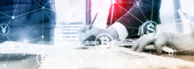 Çift Pozlama kavramı, Bitcoin ve blockchain. Dijital Ekonomi ve ticaret para