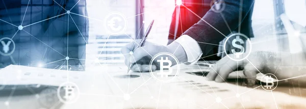 Double exposure Bitcoin and blockchain concept. Digital economy and currency trading — Stock Photo, Image