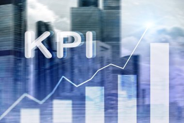 KPI - Anahtar Performans Göstergesi. İş ve teknoloji kavramı. Çoklu maruz kalma, karışık medya. Bulanık arka planda mali konsept.