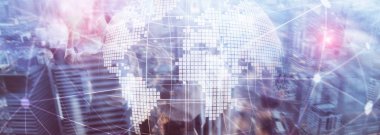 3D Dünya hologram üzerinde arka plan bulanık. Küresel iş ve iletişim kavramı