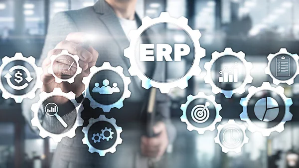 System ERP, planowanie zasobów przedsiębiorstwa na rozmytym tle. Koncepcja automatyzacji i innowacji przedsiębiorstw. — Zdjęcie stockowe