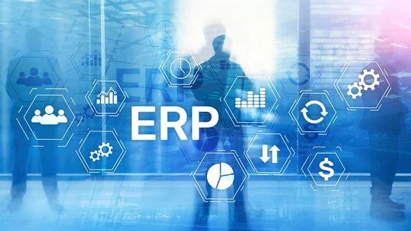 ERP-система, планування ресурсів підприємства на розмитому фоні. Автоматизація бізнесу та інноваційна концепція . — стокове фото