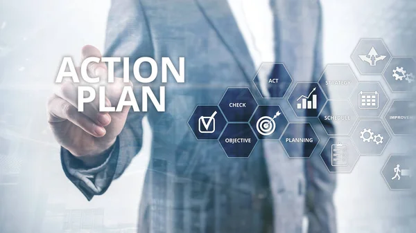 Action Plan strategi planering blickens riktning. Finansiella begrepp på suddig bakgrund. — Stockfoto