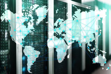 Dünya harita sunucu Oda arka plan üzerinde Internet ve telekomünikasyon konseptiyle.
