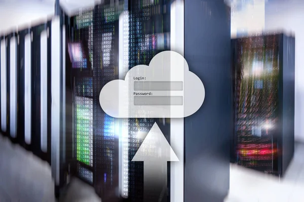 云存储, 数据访问, 登录和密码请求窗口在服务器室的背景。互联网与技术理念. — 图库照片