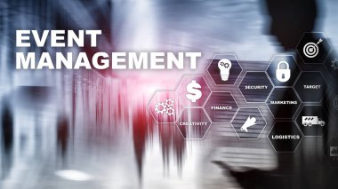  Olay Yönetimi Konsepti. Etkinlik yönetim akış şeması. Etkinlik yönetimi ile ilgili öğeler. Karışık medya işi.