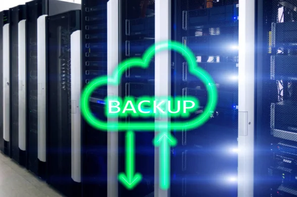 Backup button on modern server room background. Data loss prevention. System recovery. — Stock Photo, Image