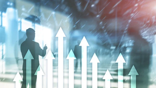 Up arrow graph on skyscraper background. Invesment and financial growth concept. — Stock Photo, Image