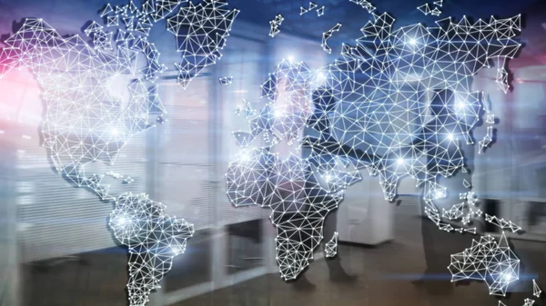 Global World Map Double Exposure Network (engelsk). Telekommunikasjon, Internasjonalt forretningsnett og teknologibegrep – stockfoto