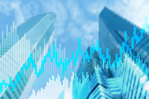 Stock trading candlestick chart and diagrams on blurred office center background.