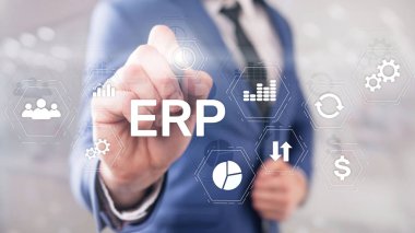 ERP sistemi, bulanık arka planda Atılgan kaynak planlaması. İş otomasyonu ve yenilik kavramı.