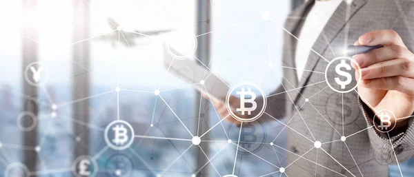 Dubbele blootstelling Bitcoin en de blockchain concept. Digitale economie en handel van de munt. — Stockfoto