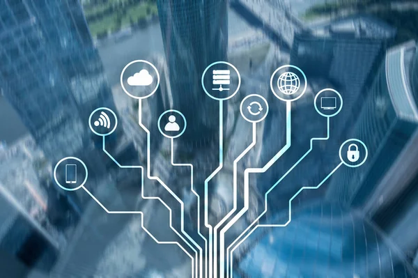 Bulanık iş merkezi zemin üzerine telekomünikasyon ve çok kavramı.