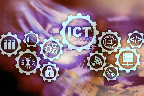 ICT. Informační a komunikační technologie na moderním pozadí serverovny. Virtuální obrazovka. — Stock fotografie