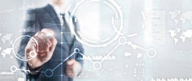 İş arabirimi karışık teknik çift pozlama mali grafik grafik diyagramı ve sanal ekran üstünde kutsal kişilerin resmi. İnovasyon kavramı.