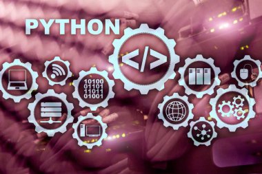 Python programlama dili sunucu Oda arka plan üzerinde. İş akışı soyut algoritma kavramı sanal ekran üzerinde programlama.