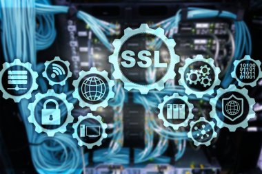 SSL Güvenli Soketler Katmanı konsepti. Kriptografik protokoller güvenli iletişim sağlar. Sunucu odası arkaplanı.