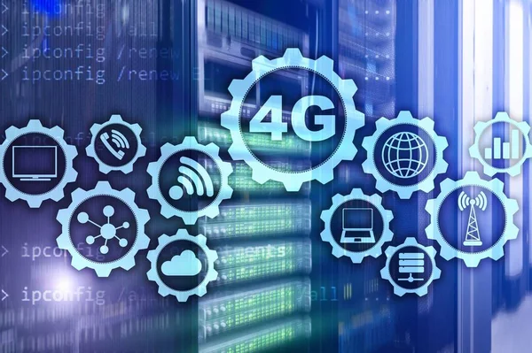 Mobile telecommunication cellular high speed data connection concept: 4G LTE. On server room background. — Stock Photo, Image