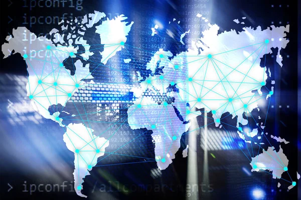 Internetové a telekomunikační koncept s mapou světa na serveru pokoj pozadí. — Stock fotografie