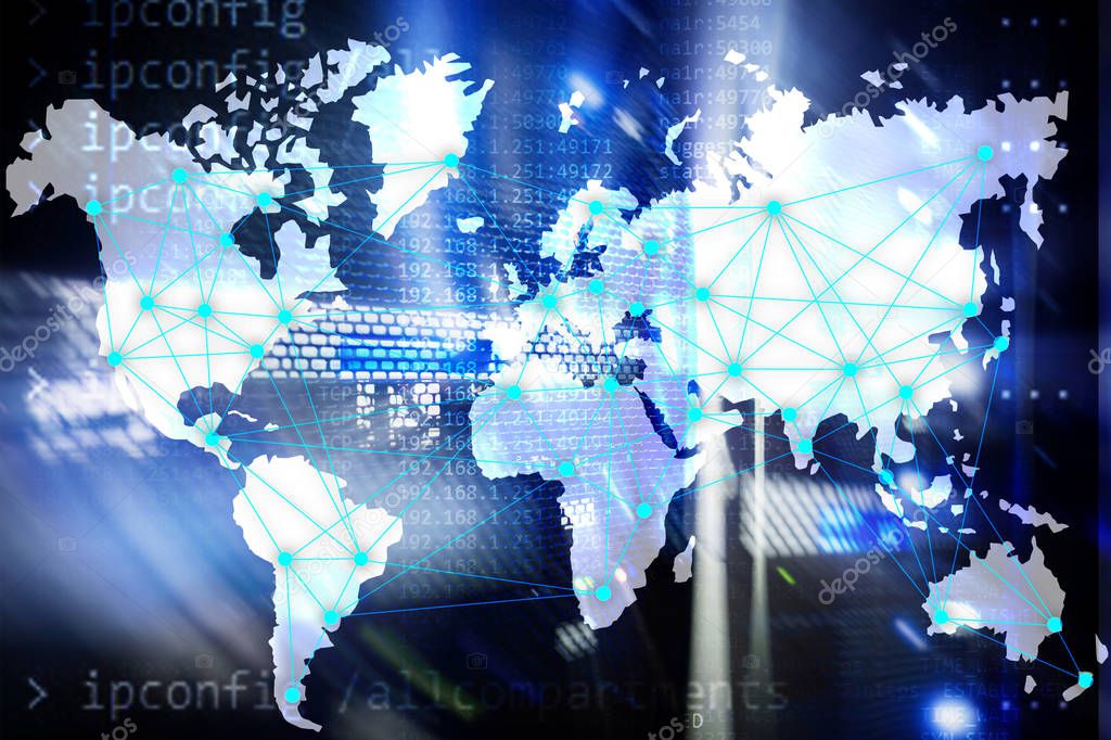 Internet and telecommunication concept with world map on server room background.