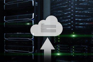 Bulut depolama, veri erişimi, Kullanıcı adı ve şifre talebi penceresini sunucu Oda arka plan üzerinde. Internet ve teknoloji kavramı.