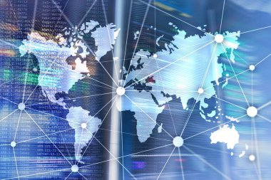 Sunucu odası arka plan üzerinde iletişim ağı ile Dünya Haritası