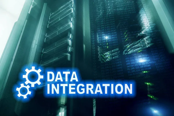Data integration information technology concept on server room background.