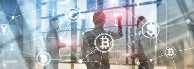 Çift Pozlama kavramı, Bitcoin ve blockchain. Dijital Ekonomi ve ticaret para.