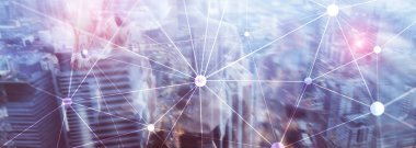 Bulanık gökdelenlerin arkaplanındaki engelleme ağı. Finansal teknoloji ve iletişim konsepti.