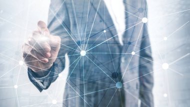 Bulanık gökdelenlerin arkaplanındaki engelleme ağı. Finansal teknoloji ve iletişim konsepti.