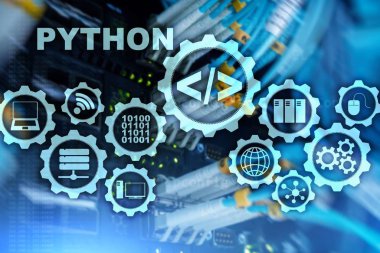 Python programlama dili sunucu Oda arka plan üzerinde. İş akışı soyut algoritma kavramı sanal ekran üzerinde programlama