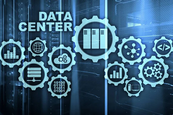 Data Center of the Future on a virtual screen. Business information technology concept. Storing data and securing business continuity