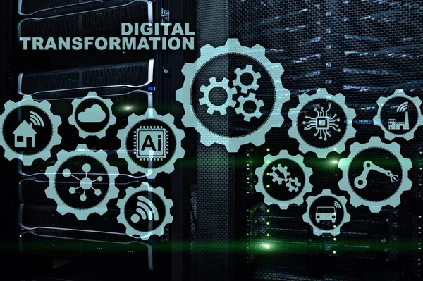 Digitale transformatie Concept van digitalisering van technologische bedrijfsprocessen. Datacenter achtergrond — Stockfoto