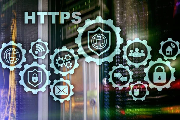 HTTPS. Protocole de transport hypertexte sécurisé. Concept technologique sur fond de salle de serveurs. Icône virtuelle pour service web de sécurité réseau — Photo