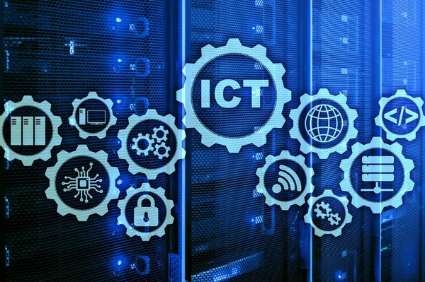 ICT. Informační a komunikační technologie na moderním pozadí serverovny. Virtuální obrazovka. — Stock fotografie