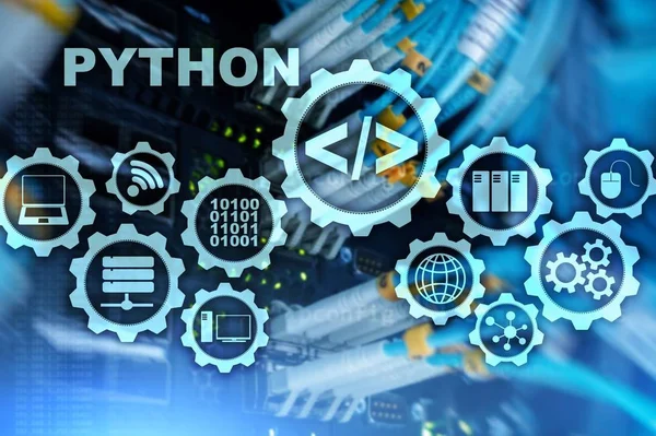 Язык программирования Python на фоне серверной комнаты. Концепция абстрактного алгоритма программирования рабочего процесса на виртуальном экране — стоковое фото