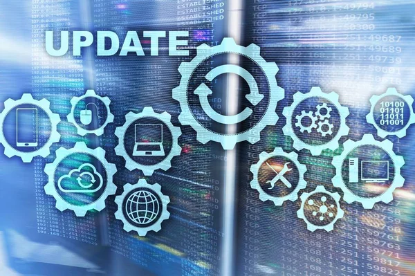 Update Software Computer on Virtual Screen Server Room Datacenter Background. Technology Updating Concept. — Stock Photo, Image