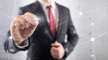 Bulanık gökdelenlerin arkaplanındaki engelleme ağı. Finansal teknoloji ve iletişim konsepti.