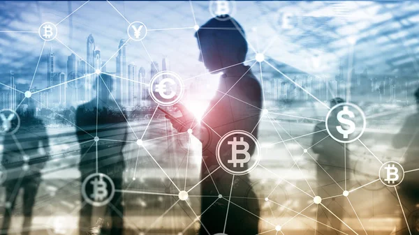 이중 노출 Bitcoin와 blockchain 개념입니다. 디지털 경제 및 통화 거래. — 스톡 사진