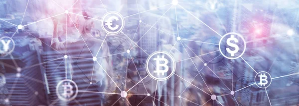 Double exposure Bitcoin and blockchain concept. Digital economy and currency trading. — Stock Photo, Image