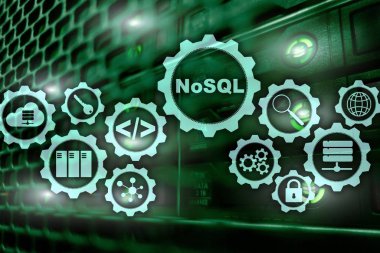 NoSQL 'de. Yapısal Sorgu Dili. Veritabanı Teknoloji Konsepti. Sunucu odası arkaplanı.