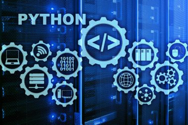 Python programlama dili sunucu Oda arka plan üzerinde. İş akışı soyut algoritma kavramı sanal ekran üzerinde programlama.