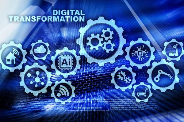 Digital Transformation Concept of digitalization of technology business processes. Datacenter fundo. — Fotografia de Stock
