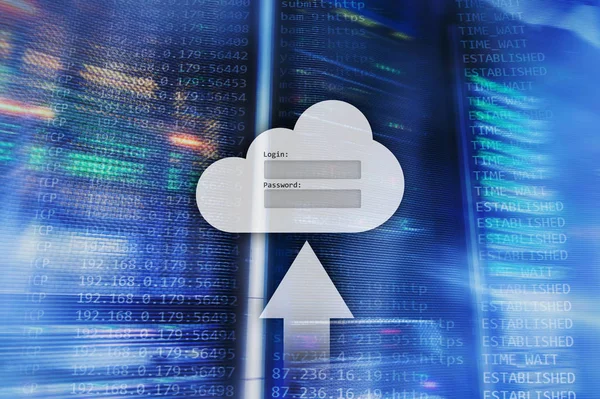 Cloudové úložiště, přístup k datům, přihlašovací jméno a heslo okno požadavku na serveru pokoj pozadí. Internet a technologie koncept. — Stock fotografie