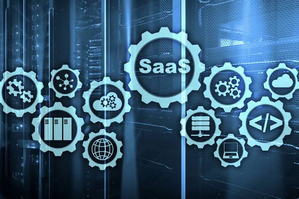 Software como um serviço SaaS. Conceito de software. Modelo de tecnologia moderna em um fundo de sala de servidor de tela virtual. Software sob demanda. — Fotografia de Stock