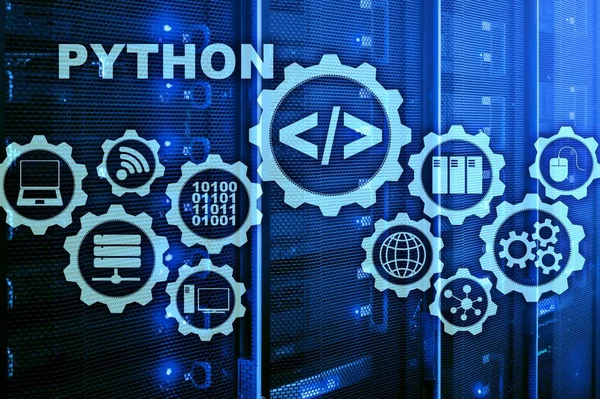 Python Programming Language on server room background. Programing workflow abstract algorithm concept on virtual screen. — Stock Photo, Image